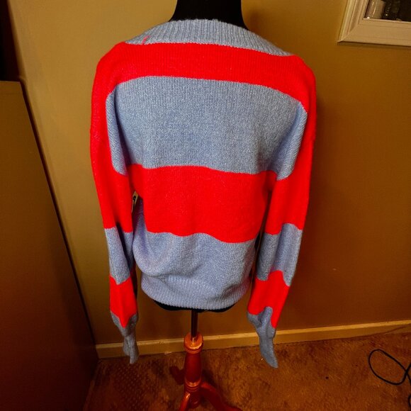 June & Hudson Size M Bright Pink Periwinkle Blue V-Neck Striped Spring Sweater - Picture 6 of 9